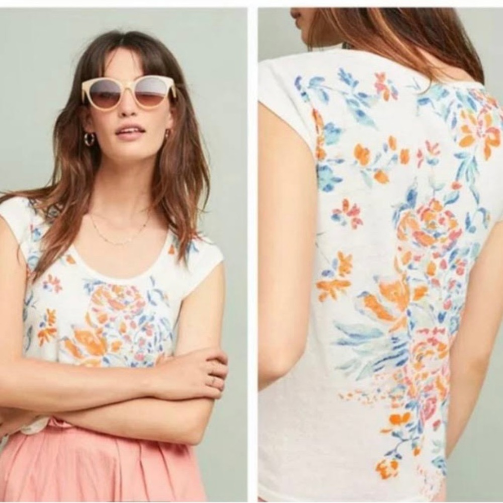 Anthropologie Meadow Rue Linen Blend Floral T-Shirt